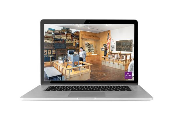 open laptop screen with desktop image of JANM gallery